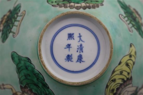 A Chinese famille verte conical bowl, late 19th/early 20th century, diameter 18cm, wood stand